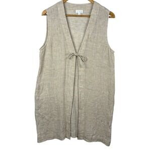 Pure Jill Women 100% Linen Longline Tie Front Vest Sz M Beige Lagenlook Coastal